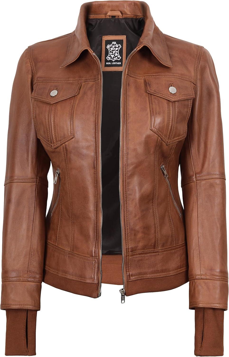 imageBlingsoul Hooded Leather Jacket Women Real Lambskin Womens Leather Jackets with Detachable HoodTralee Brown Jacket