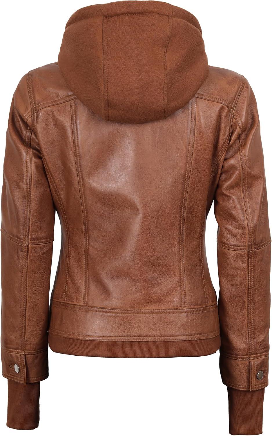 imageBlingsoul Hooded Leather Jacket Women Real Lambskin Womens Leather Jackets with Detachable HoodTralee Brown Jacket