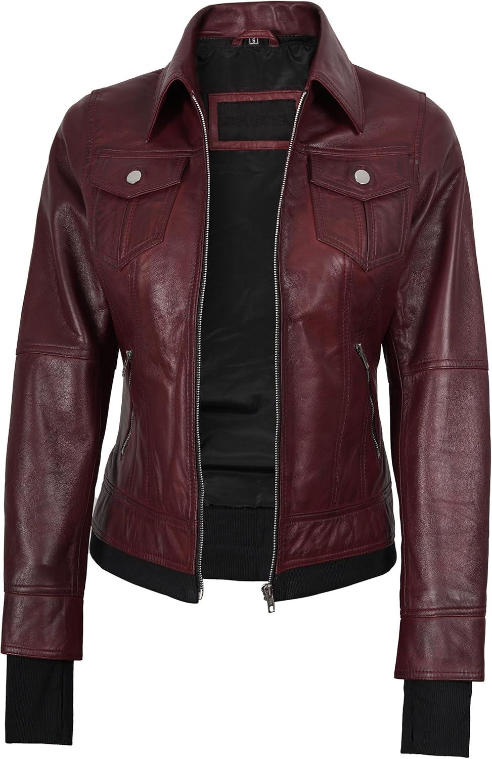 imageBlingsoul Hooded Leather Jacket Women Real Lambskin Womens Leather Jackets with Detachable HoodTralee Maroon Jacket