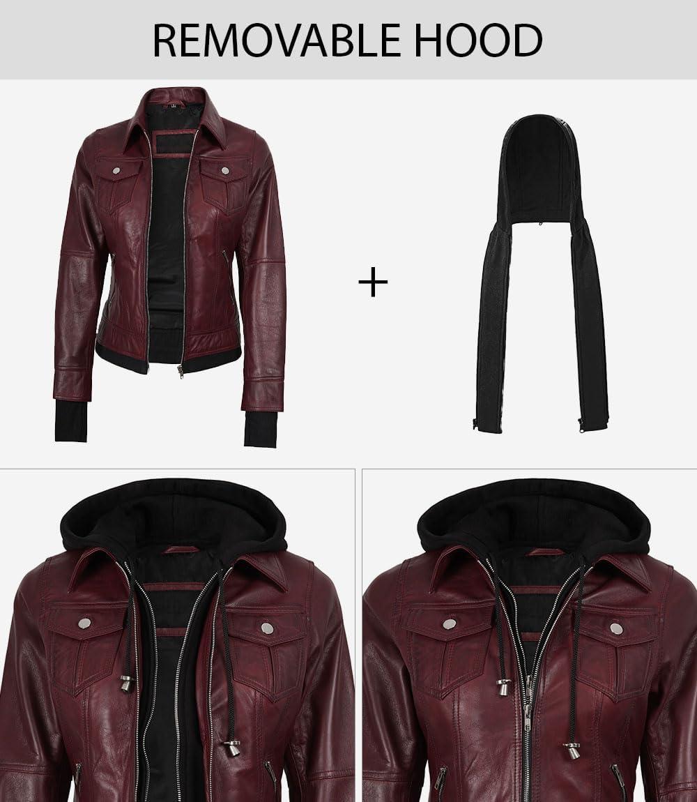 imageBlingsoul Hooded Leather Jacket Women Real Lambskin Womens Leather Jackets with Detachable HoodTralee Maroon Jacket