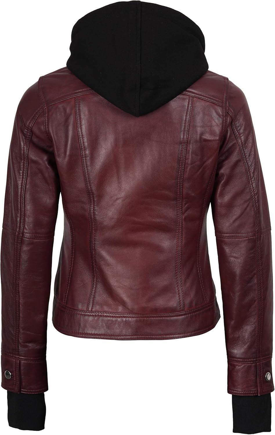 imageBlingsoul Hooded Leather Jacket Women Real Lambskin Womens Leather Jackets with Detachable HoodTralee Maroon Jacket