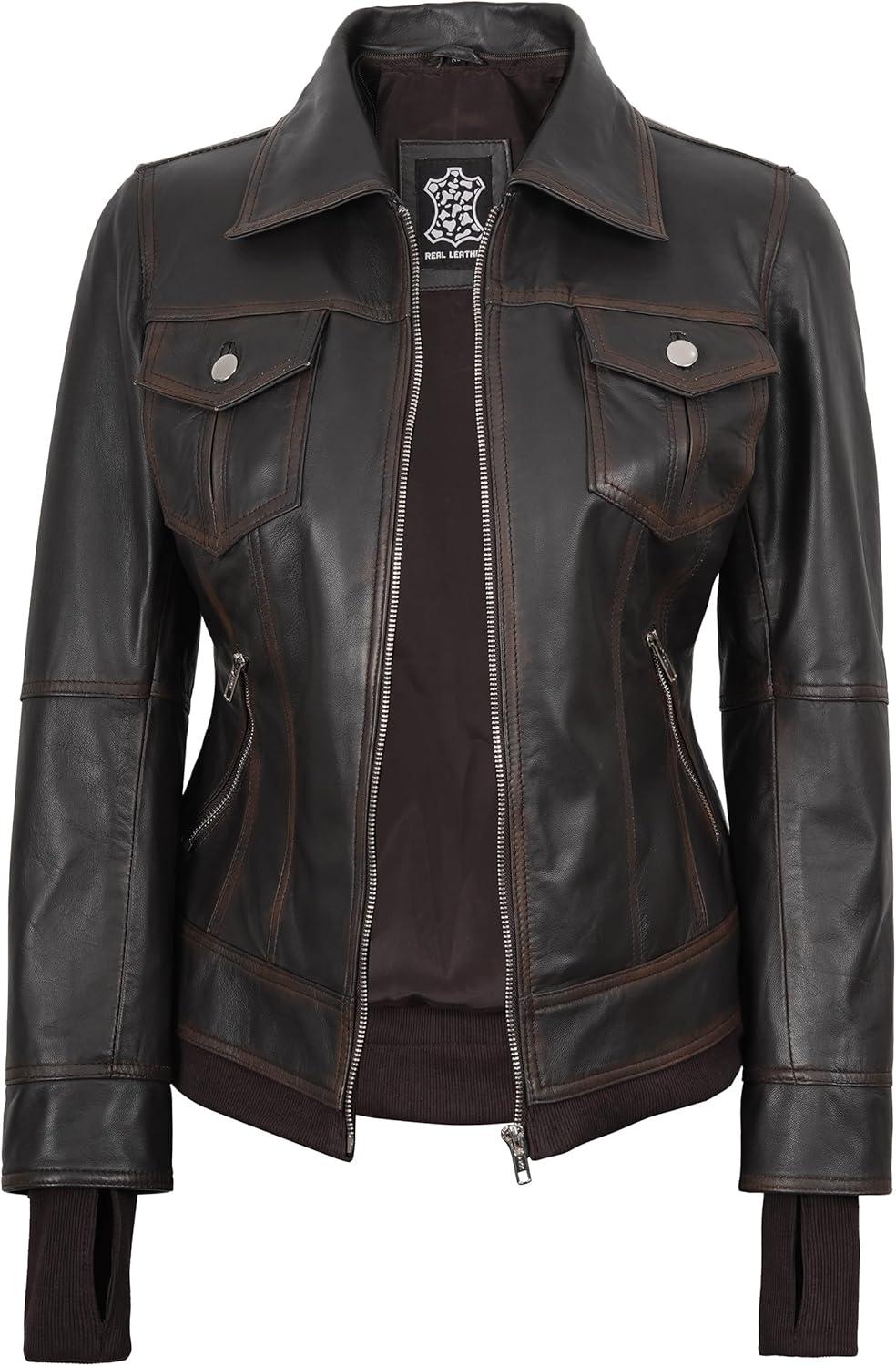 imageBlingsoul Hooded Leather Jacket Women Real Lambskin Womens Leather Jackets with Detachable HoodTralee Ruboff Brown Jacket