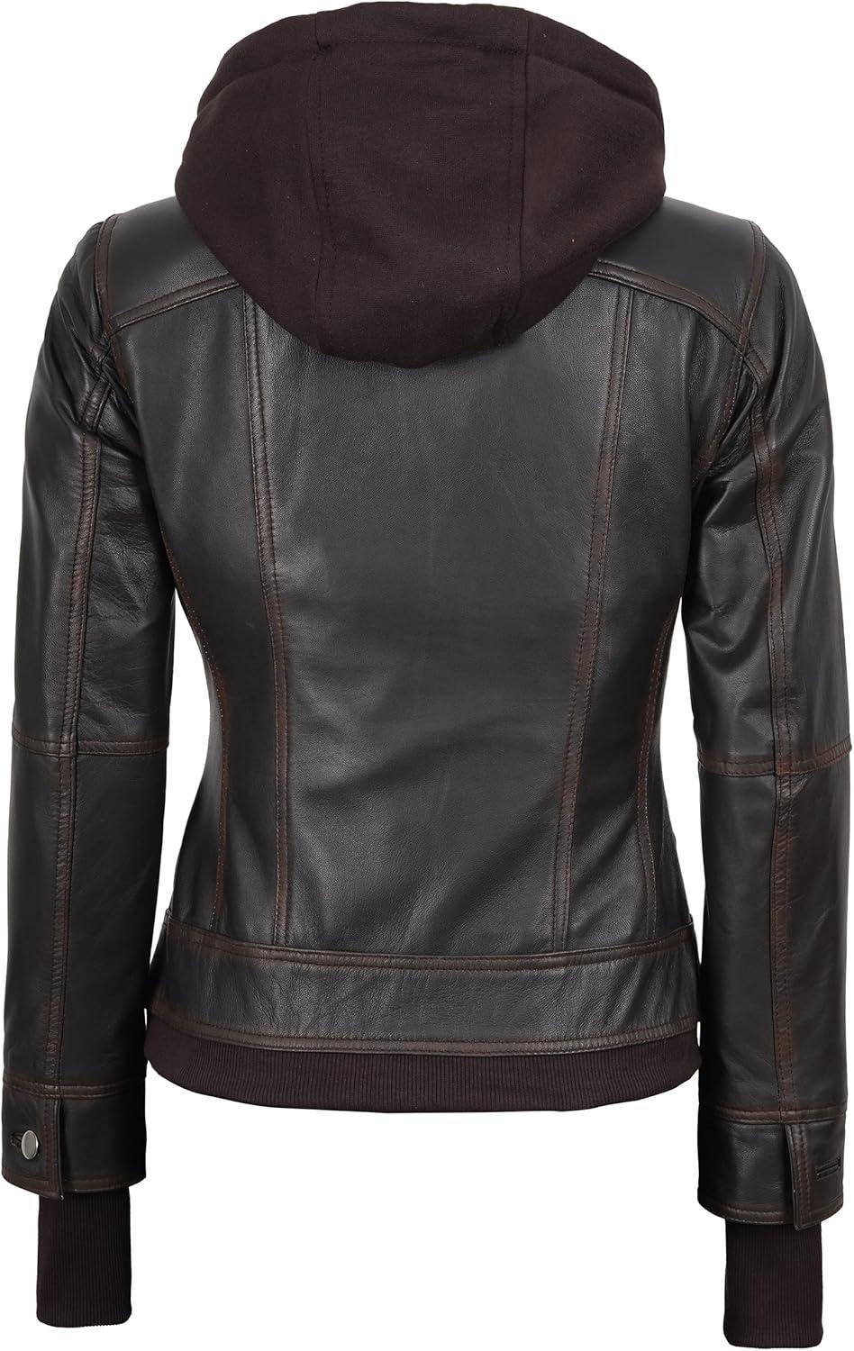 imageBlingsoul Hooded Leather Jacket Women Real Lambskin Womens Leather Jackets with Detachable HoodTralee Ruboff Brown Jacket