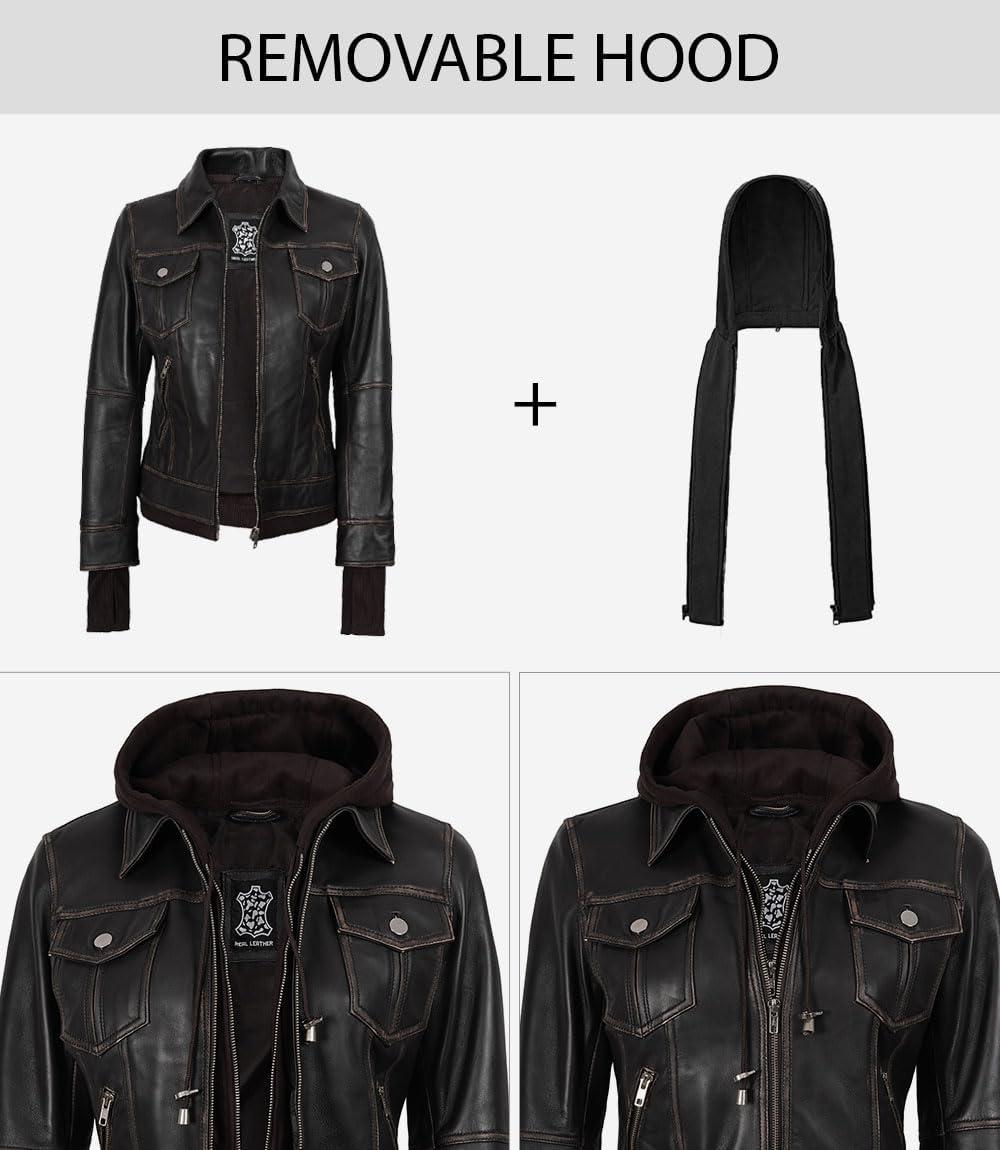 imageBlingsoul Hooded Leather Jacket Women Real Lambskin Womens Leather Jackets with Detachable HoodTralee Ruboff Brown Jacket