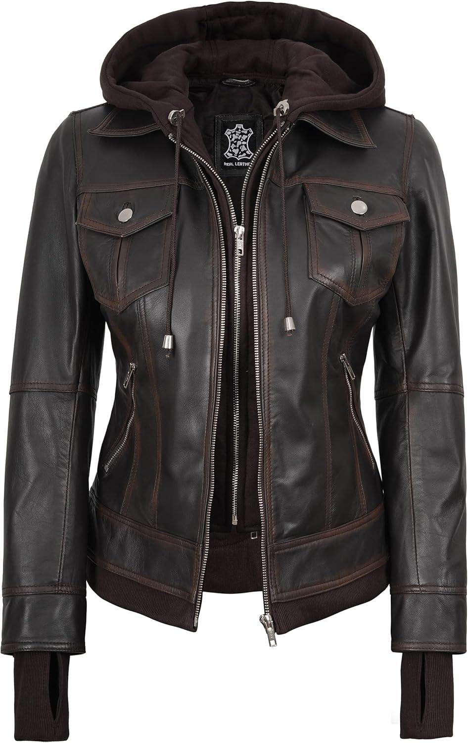 imageBlingsoul Hooded Leather Jacket Women Real Lambskin Womens Leather Jackets with Detachable HoodTralee Ruboff Brown Jacket