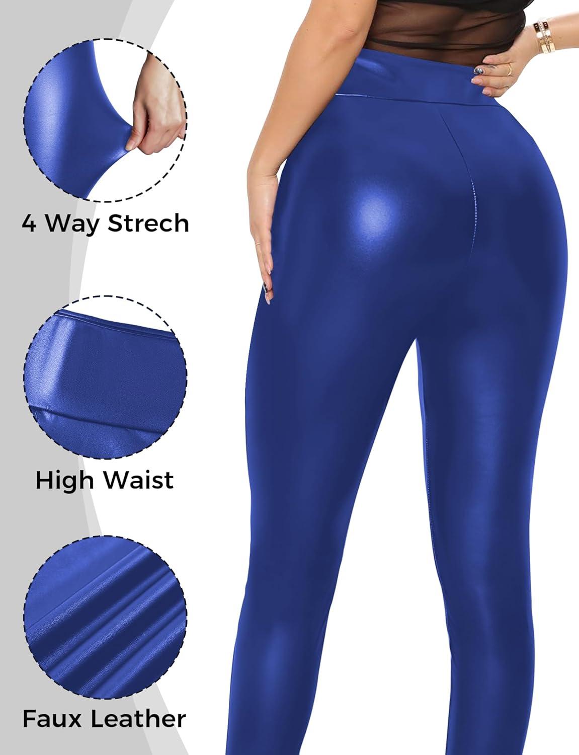 imageBuauty Faux Leather Leggings for Women High Waisted Leather Pants Tummy Control Stretch Pleather PU PantsBlue