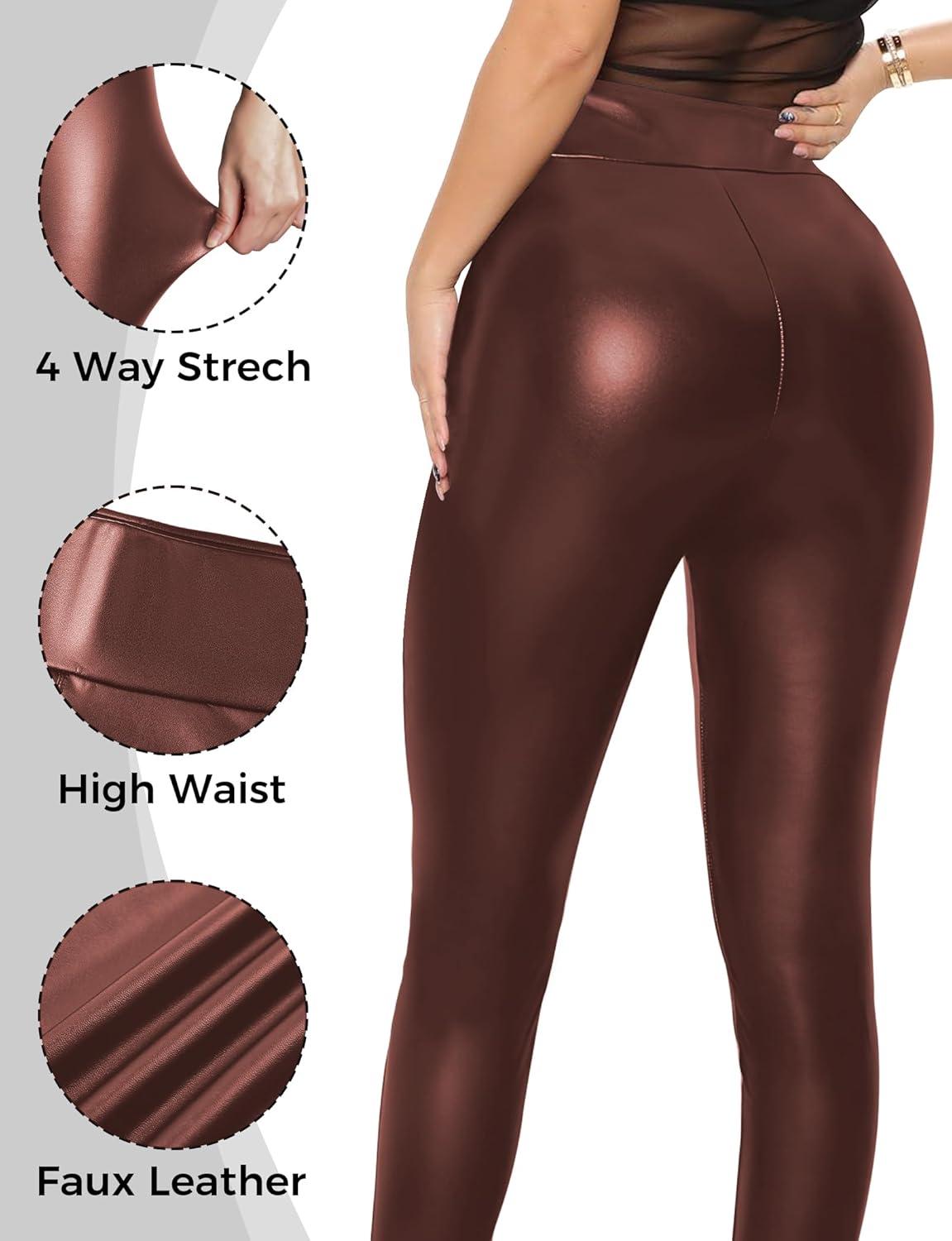 imageBuauty Faux Leather Leggings for Women High Waisted Leather Pants Tummy Control Stretch Pleather PU PantsBrown