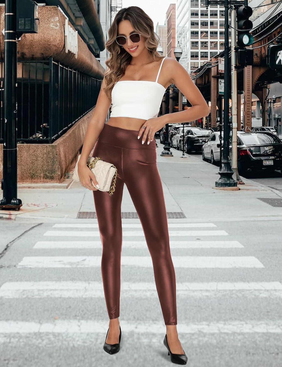 imageBuauty Faux Leather Leggings for Women High Waisted Leather Pants Tummy Control Stretch Pleather PU PantsBrown