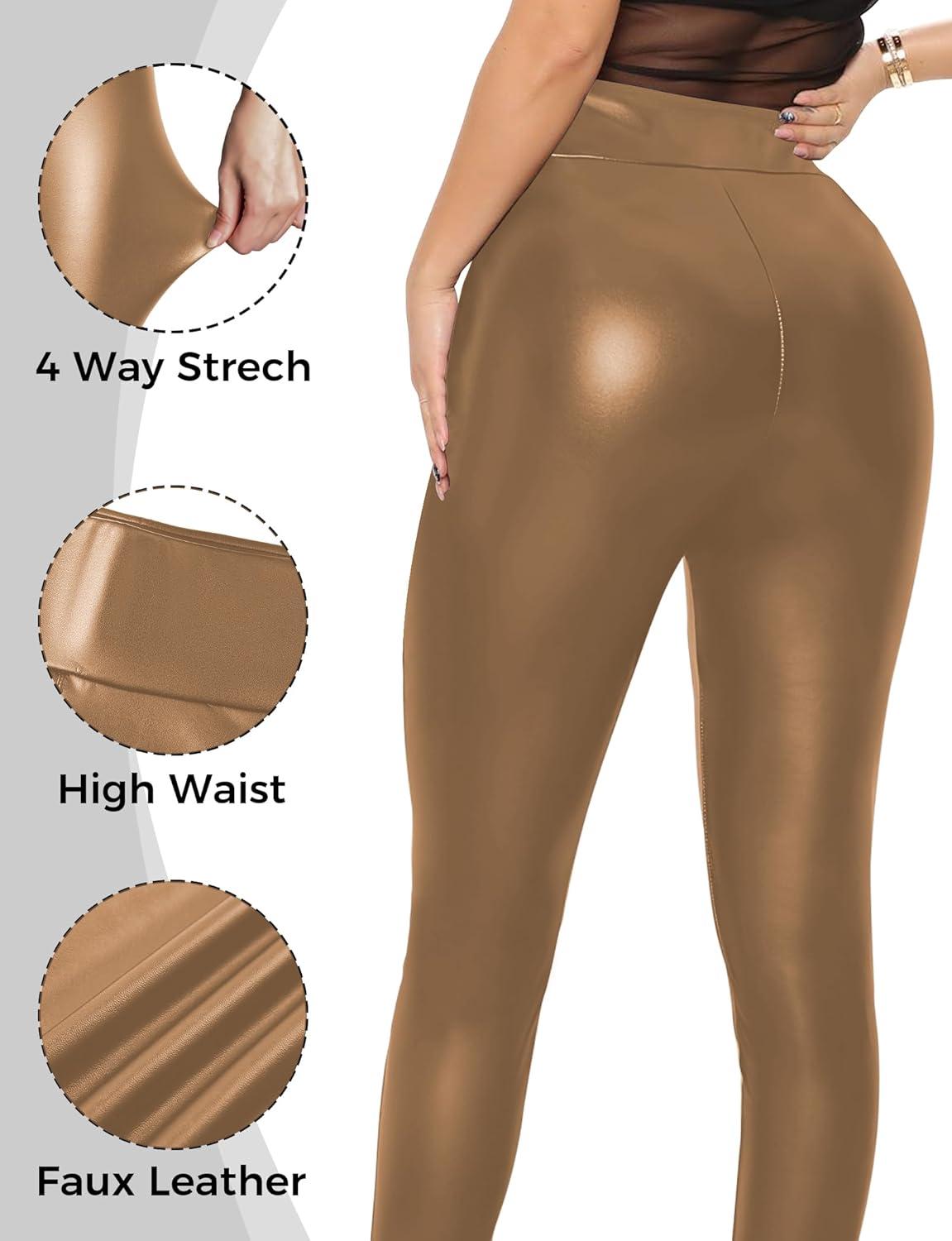 imageBuauty Faux Leather Leggings for Women High Waisted Leather Pants Tummy Control Stretch Pleather PU PantsCoffee
