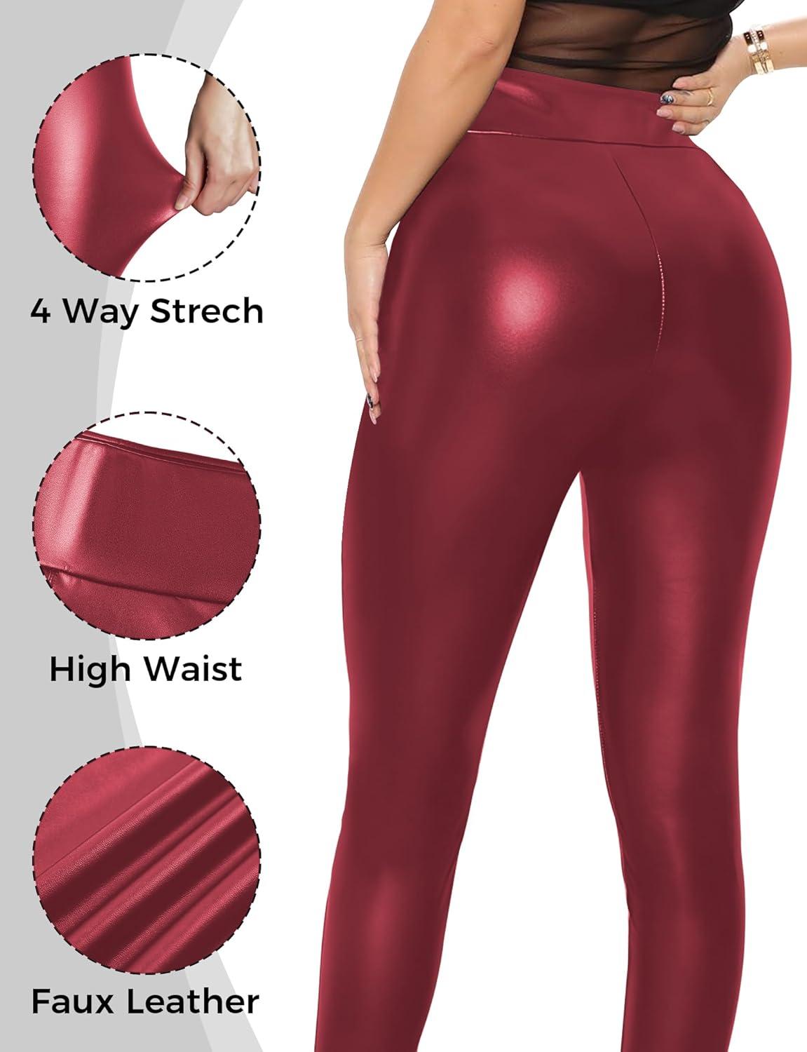 imageBuauty Faux Leather Leggings for Women High Waisted Leather Pants Tummy Control Stretch Pleather PU PantsRed