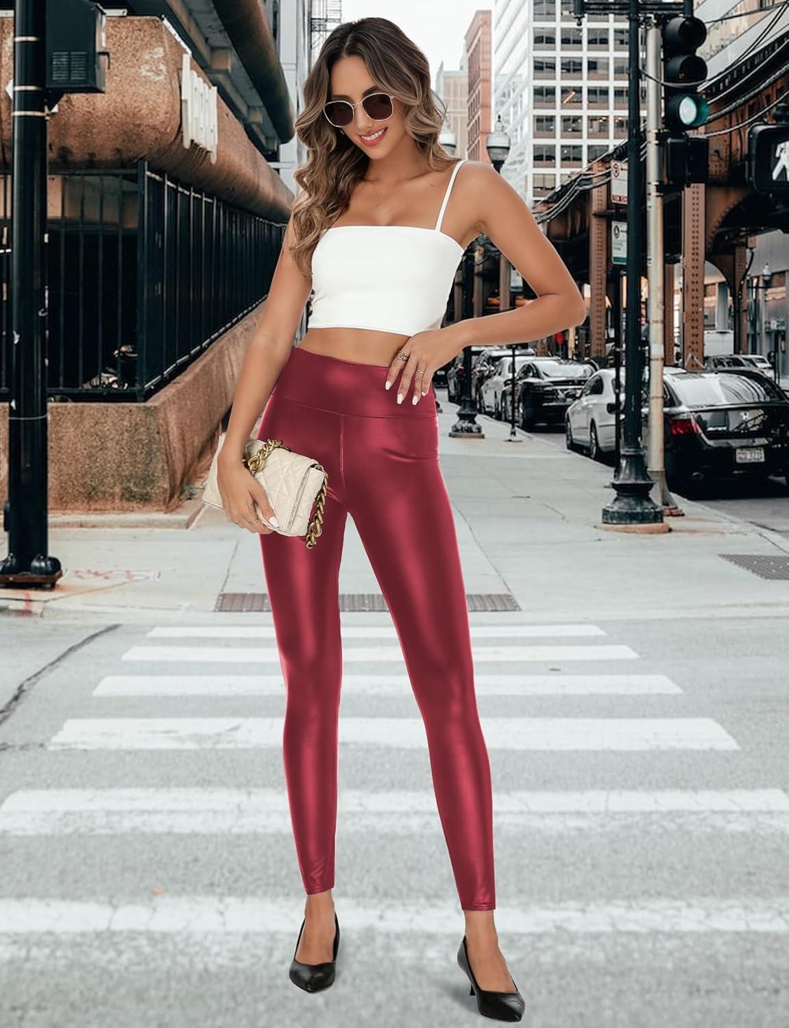 imageBuauty Faux Leather Leggings for Women High Waisted Leather Pants Tummy Control Stretch Pleather PU PantsRed