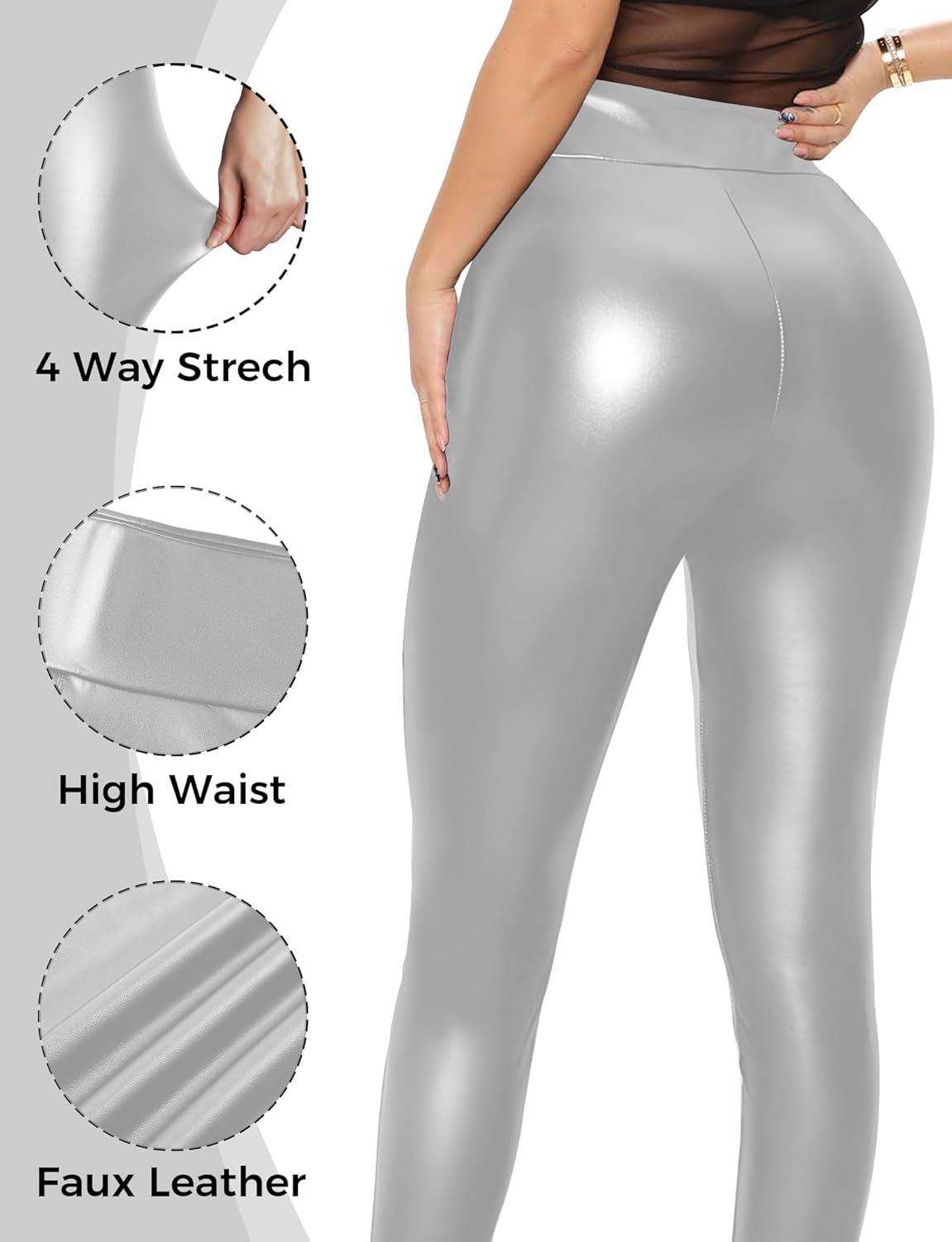 imageBuauty Faux Leather Leggings for Women High Waisted Leather Pants Tummy Control Stretch Pleather PU PantsSilvery