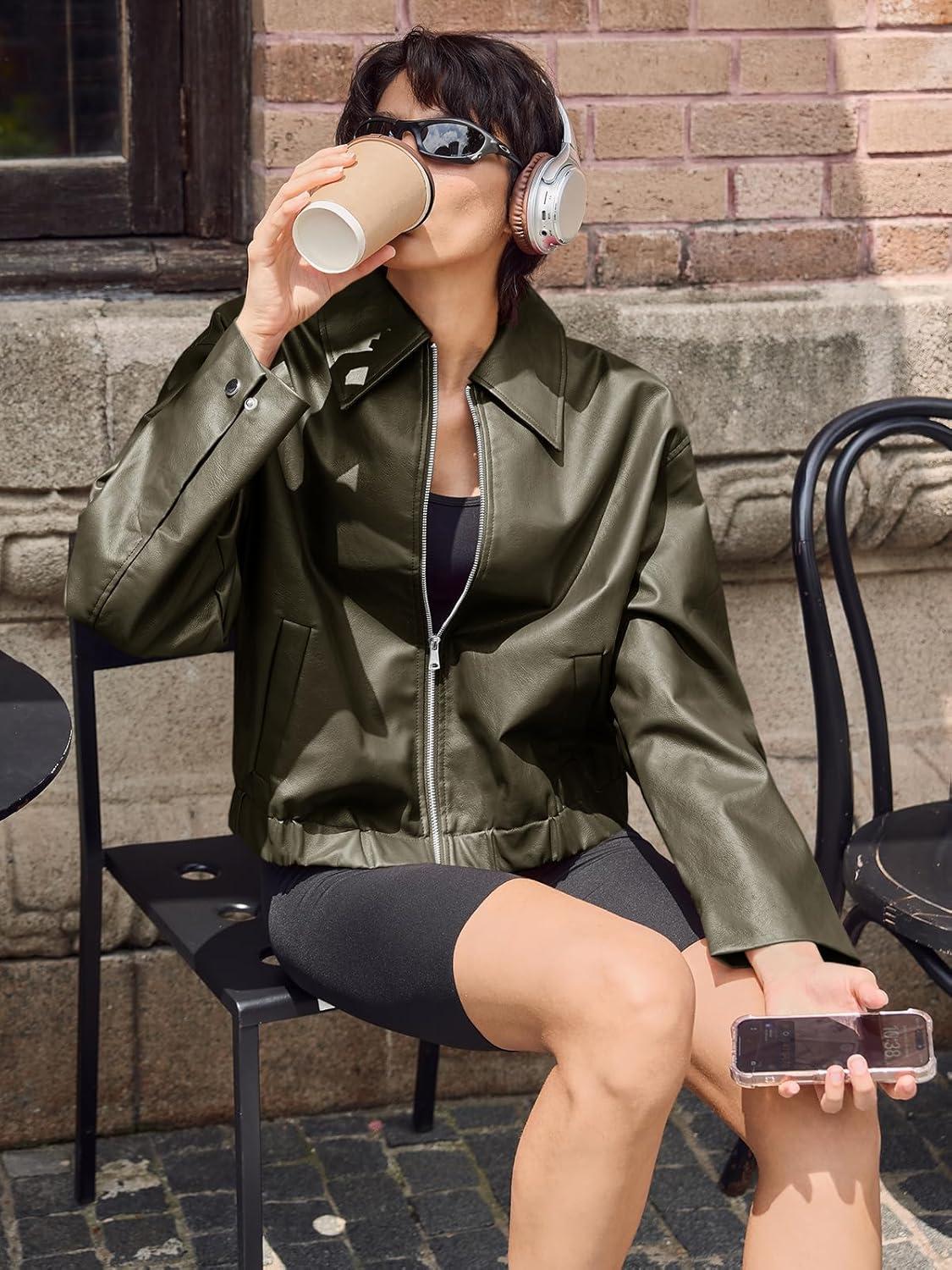 imageCicy Bell Womens Faux Leather Bomber Jackets Cropped Motorcycle Casual Coats Fall Trendy Zip Up OuterwearArmy Green