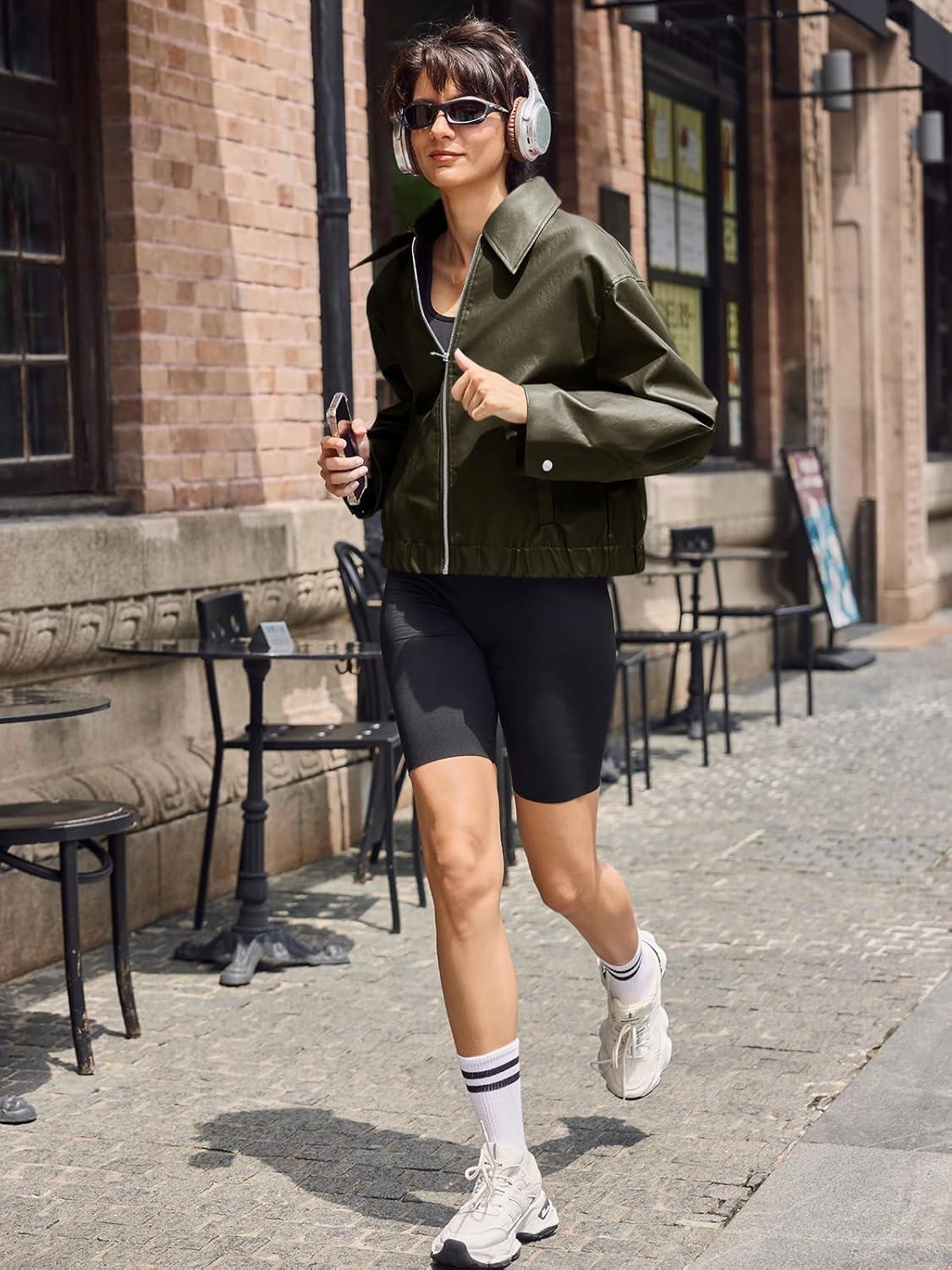 imageCicy Bell Womens Faux Leather Bomber Jackets Cropped Motorcycle Casual Coats Fall Trendy Zip Up OuterwearArmy Green