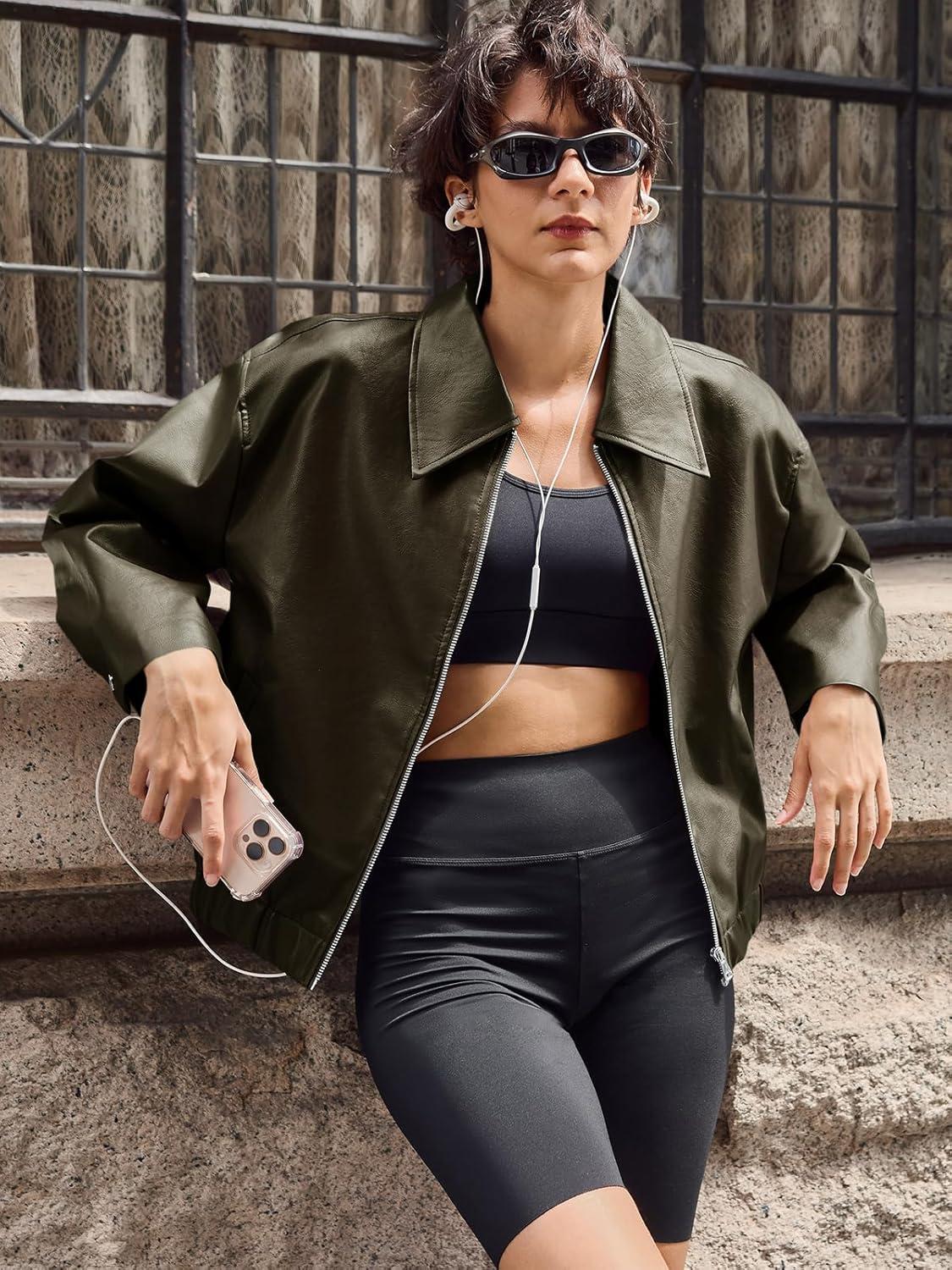 imageCicy Bell Womens Faux Leather Bomber Jackets Cropped Motorcycle Casual Coats Fall Trendy Zip Up OuterwearArmy Green
