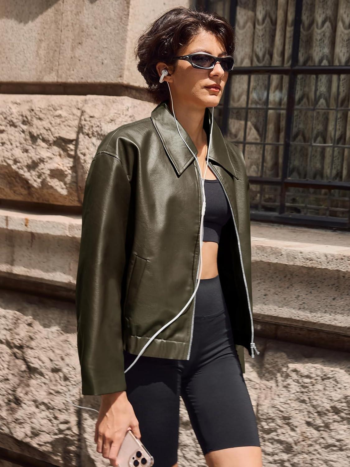 imageCicy Bell Womens Faux Leather Bomber Jackets Cropped Motorcycle Casual Coats Fall Trendy Zip Up OuterwearArmy Green