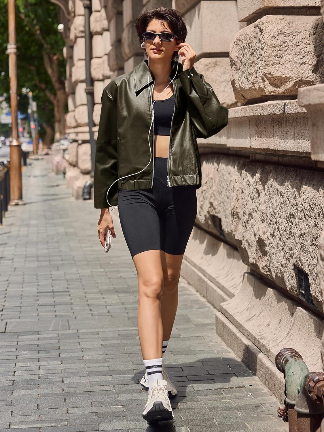 imageCicy Bell Womens Faux Leather Bomber Jackets Cropped Motorcycle Casual Coats Fall Trendy Zip Up OuterwearArmy Green