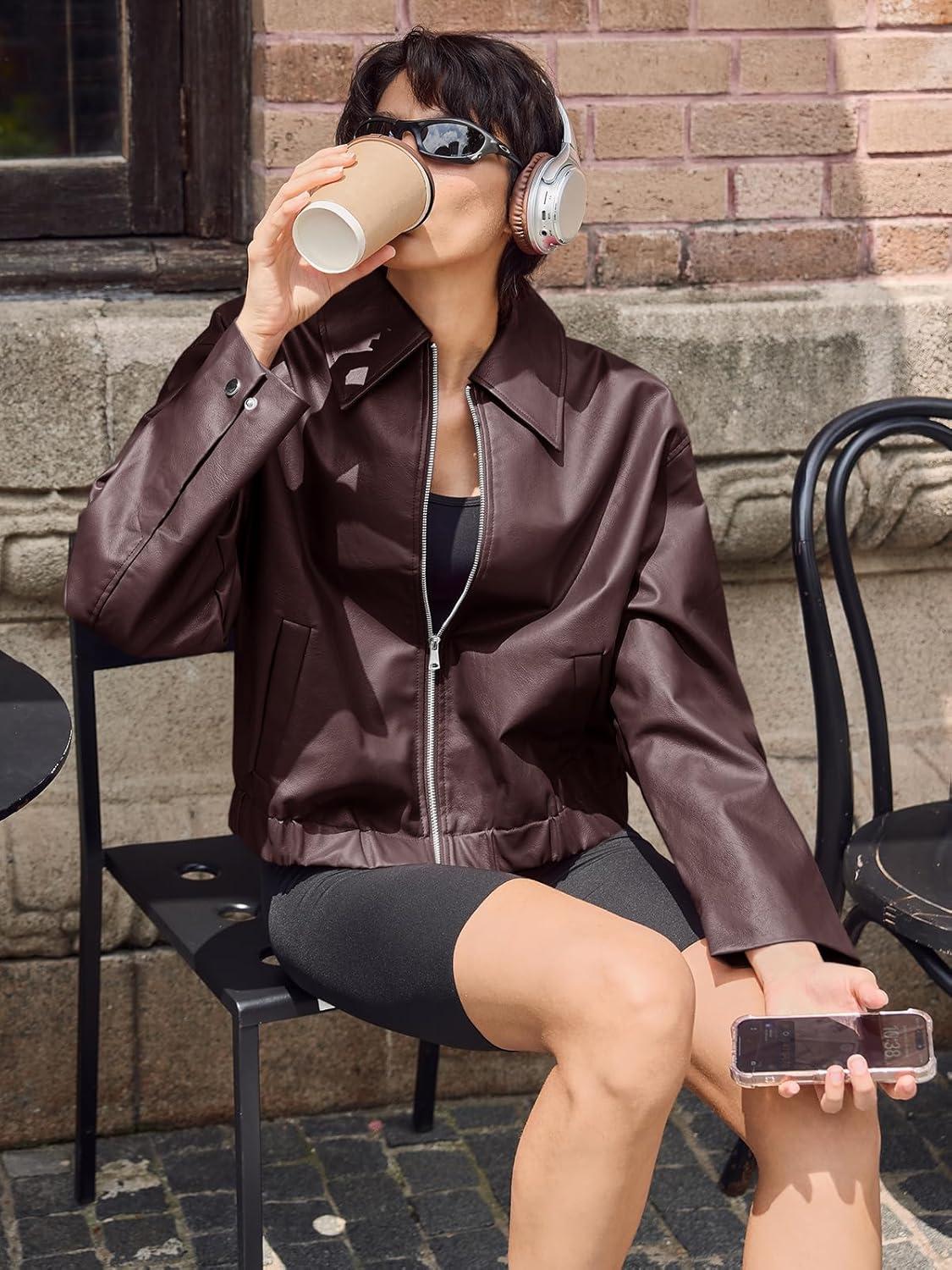 imageCicy Bell Womens Faux Leather Bomber Jackets Cropped Motorcycle Casual Coats Fall Trendy Zip Up OuterwearBrown