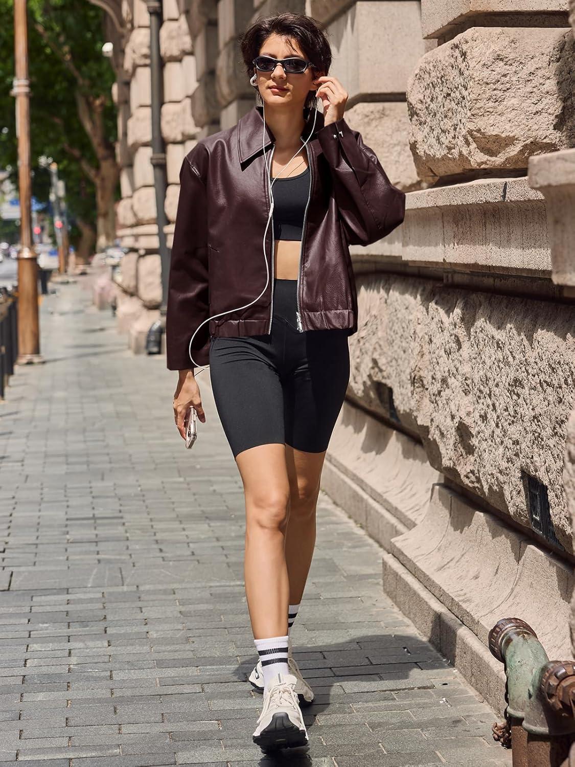 imageCicy Bell Womens Faux Leather Bomber Jackets Cropped Motorcycle Casual Coats Fall Trendy Zip Up OuterwearBrown