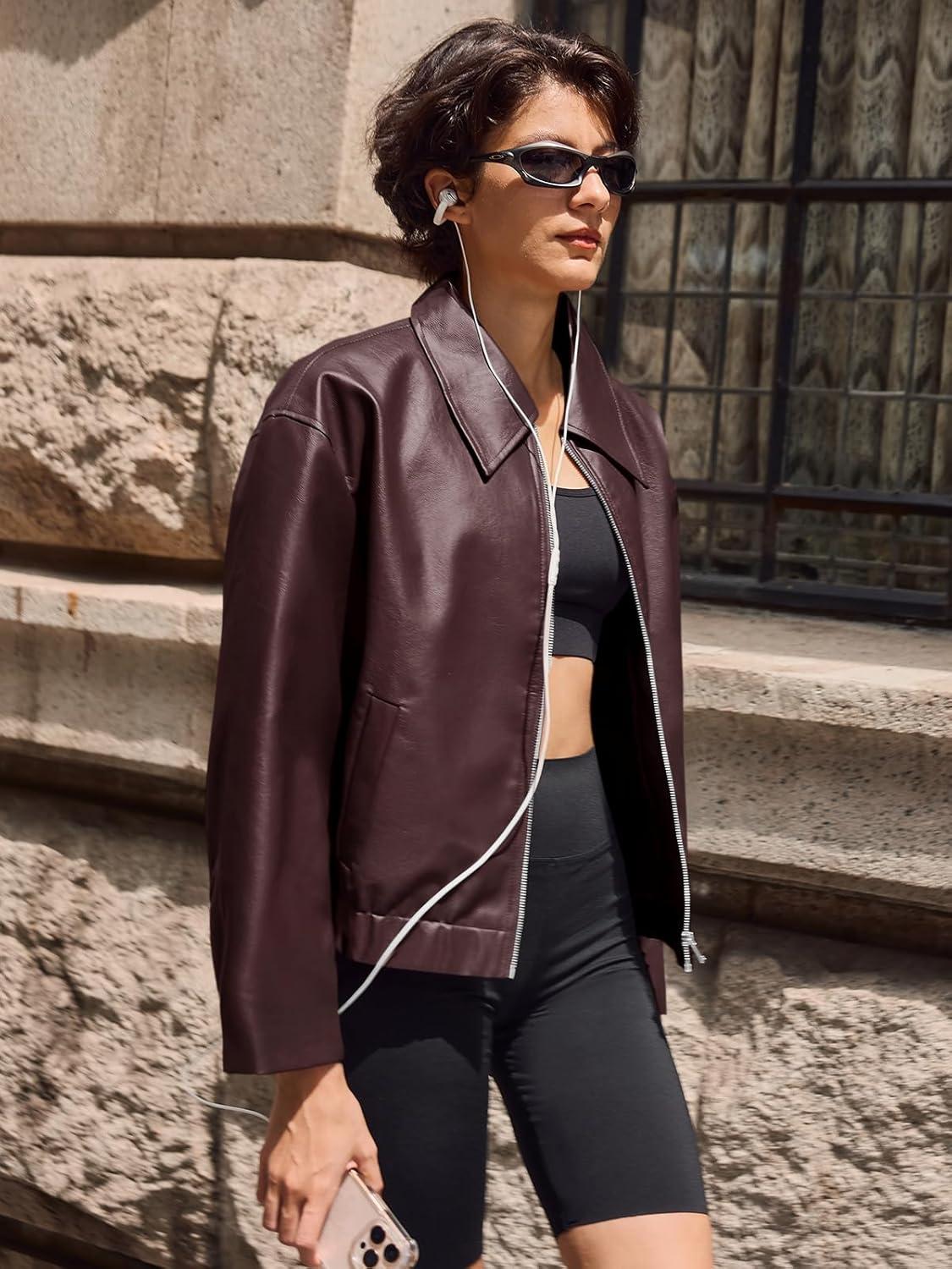 imageCicy Bell Womens Faux Leather Bomber Jackets Cropped Motorcycle Casual Coats Fall Trendy Zip Up OuterwearBrown