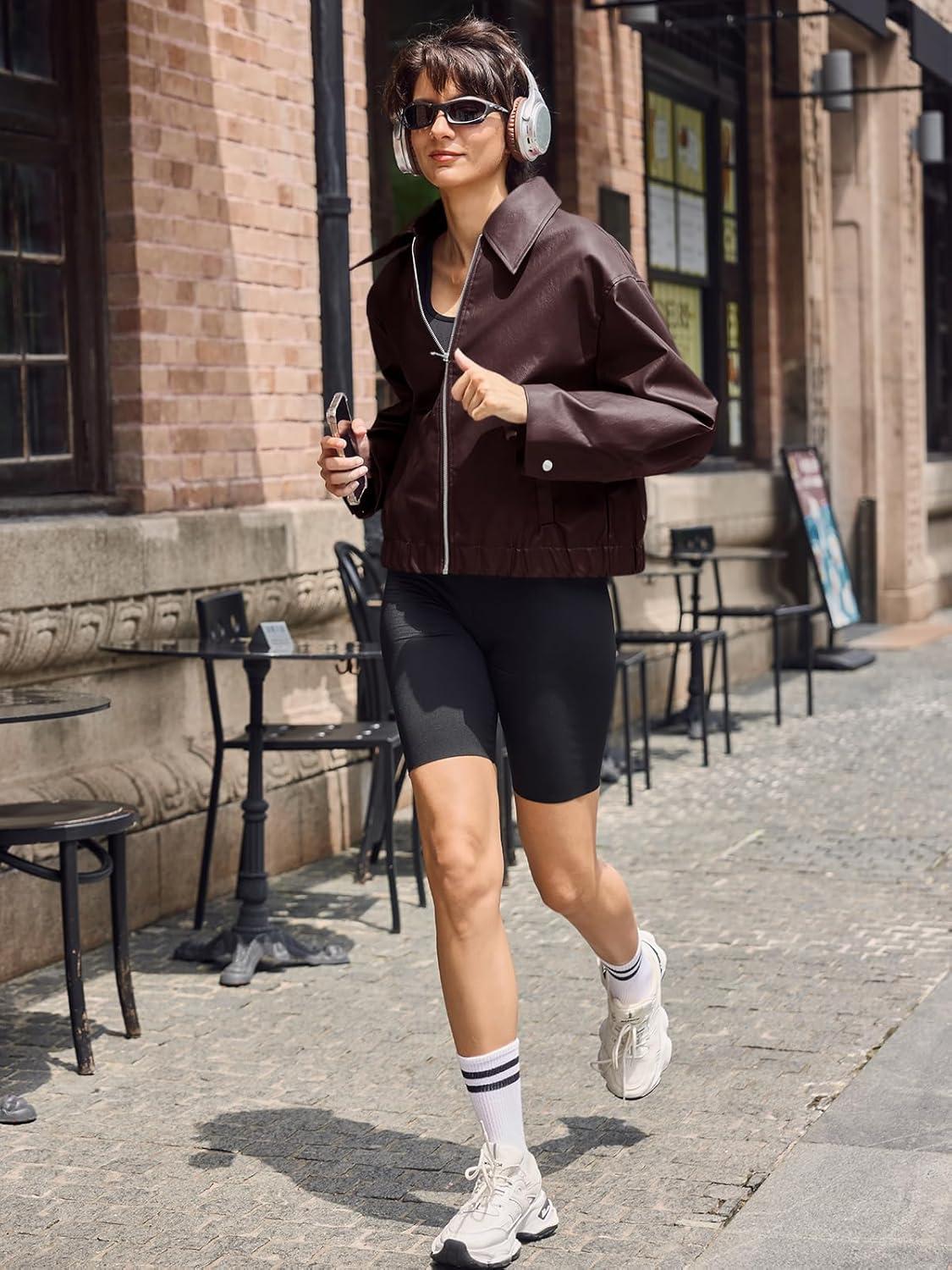 imageCicy Bell Womens Faux Leather Bomber Jackets Cropped Motorcycle Casual Coats Fall Trendy Zip Up OuterwearBrown