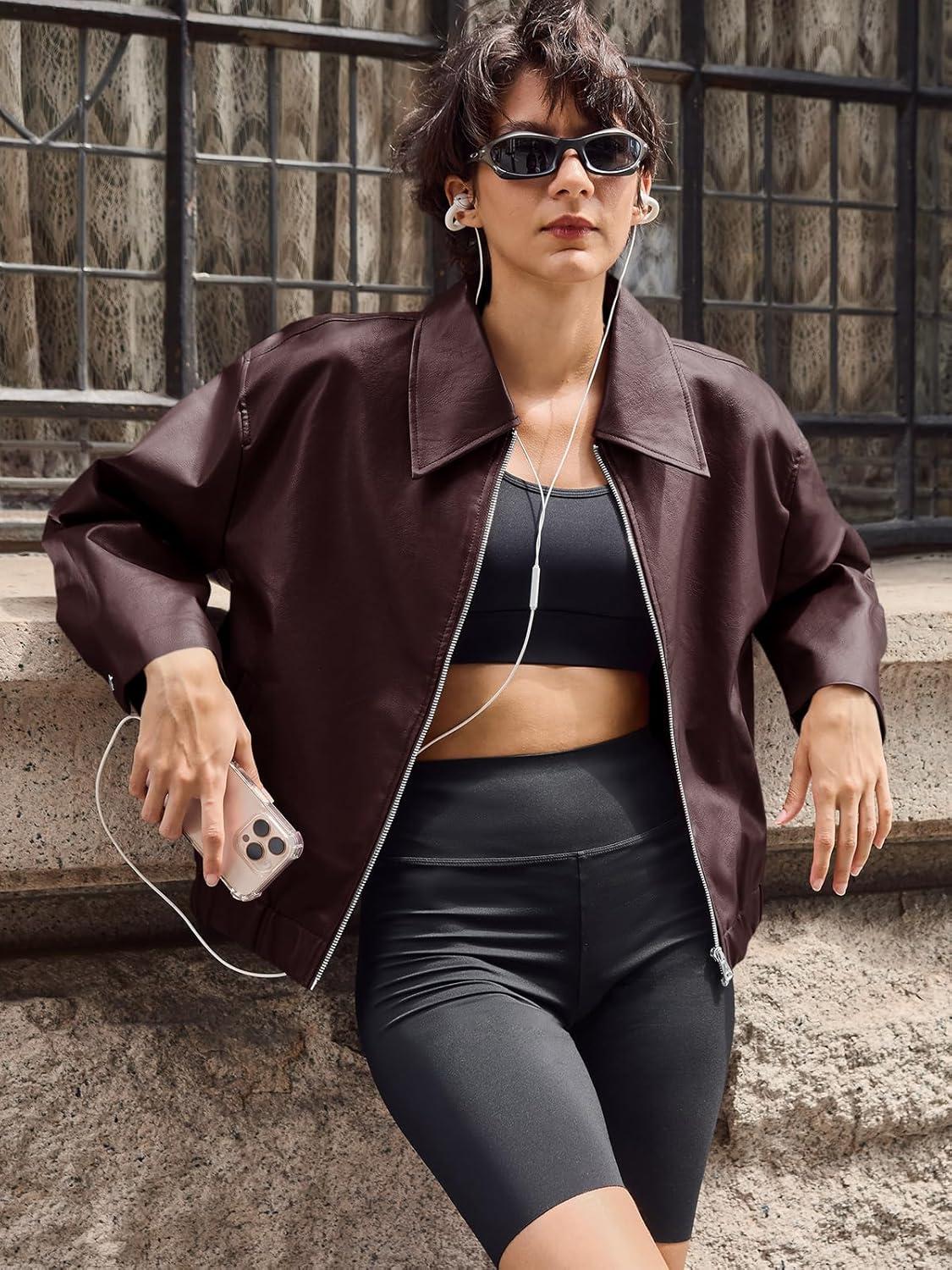 imageCicy Bell Womens Faux Leather Bomber Jackets Cropped Motorcycle Casual Coats Fall Trendy Zip Up OuterwearBrown