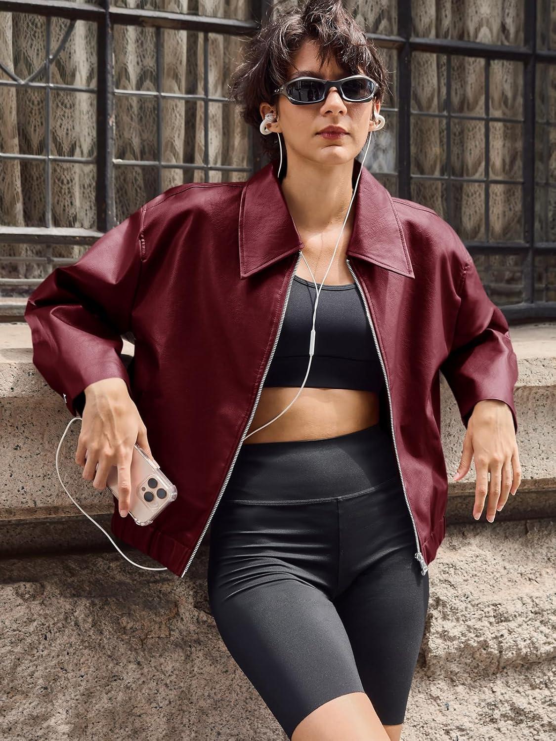 imageCicy Bell Womens Faux Leather Bomber Jackets Cropped Motorcycle Casual Coats Fall Trendy Zip Up OuterwearWine Red