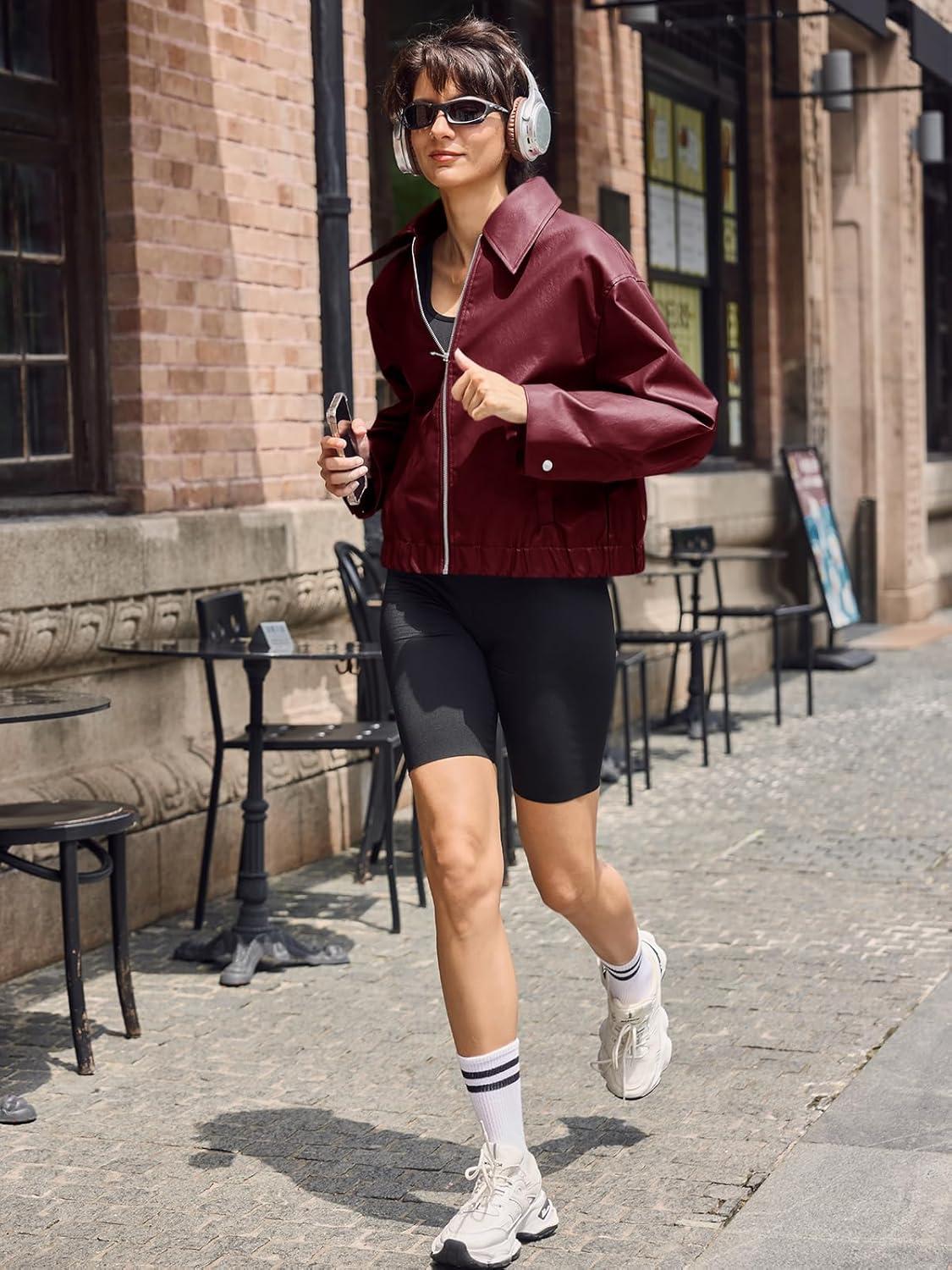 imageCicy Bell Womens Faux Leather Bomber Jackets Cropped Motorcycle Casual Coats Fall Trendy Zip Up OuterwearWine Red