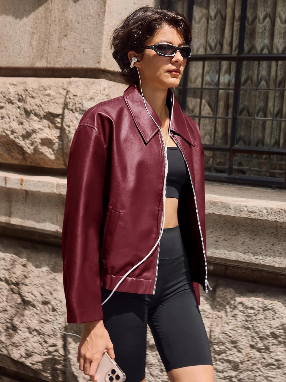 imageCicy Bell Womens Faux Leather Bomber Jackets Cropped Motorcycle Casual Coats Fall Trendy Zip Up OuterwearWine Red