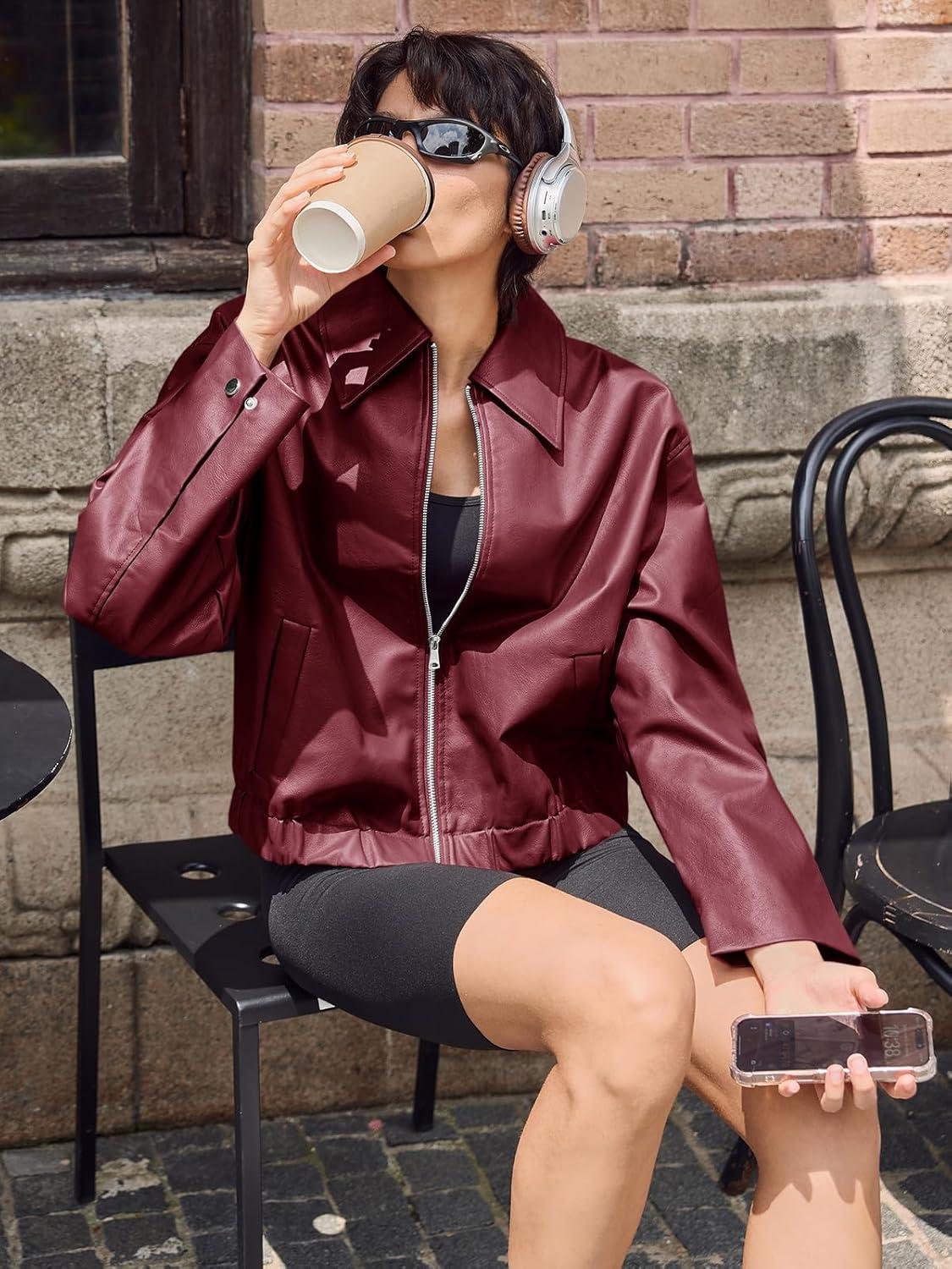 imageCicy Bell Womens Faux Leather Bomber Jackets Cropped Motorcycle Casual Coats Fall Trendy Zip Up OuterwearWine Red