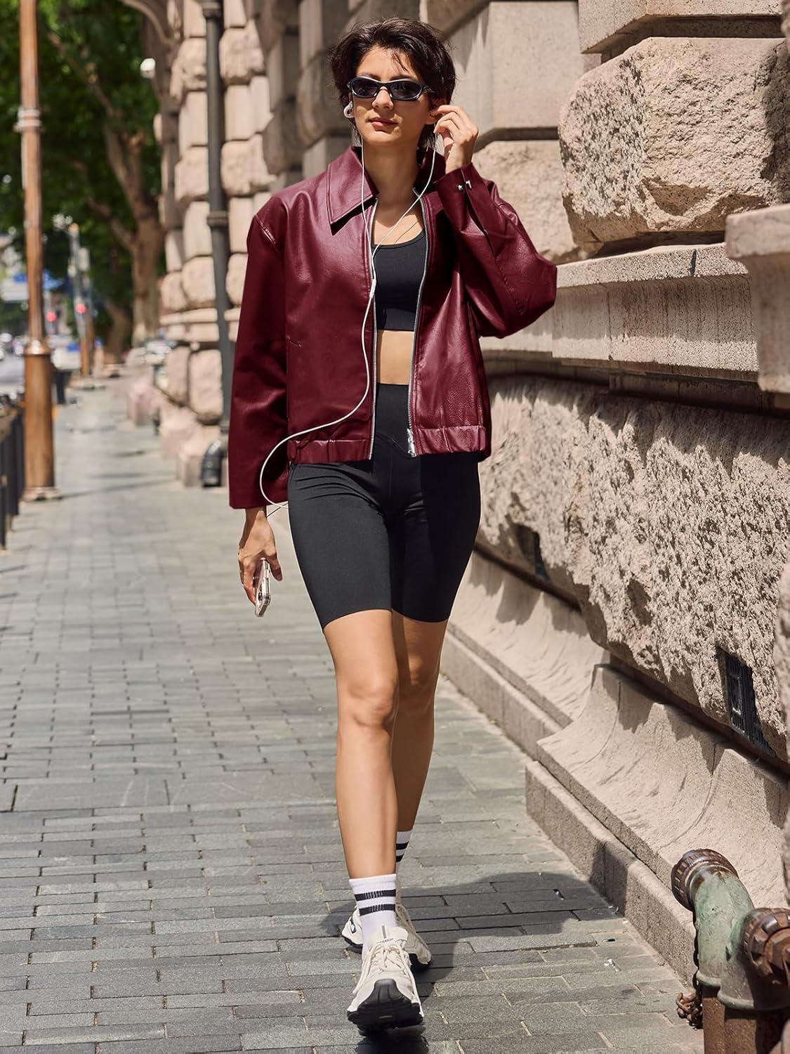 imageCicy Bell Womens Faux Leather Bomber Jackets Cropped Motorcycle Casual Coats Fall Trendy Zip Up OuterwearWine Red