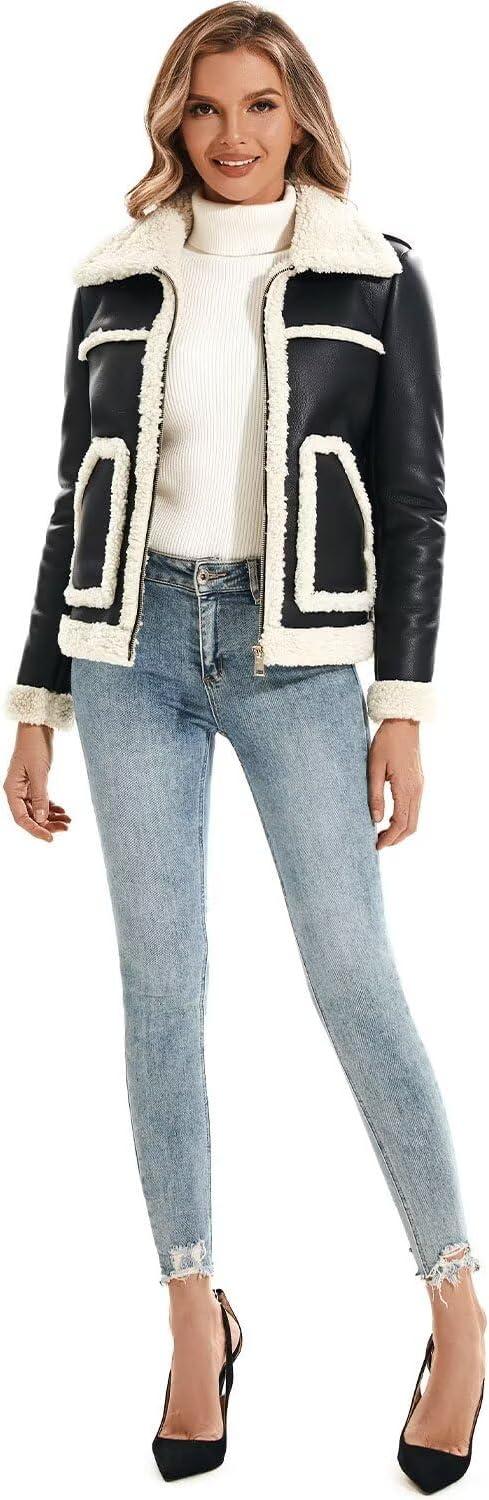imageDIASHINY Womens Faux Shearing Fur Winter Coat Warm Thick Fur Lined Faux Leather Jacket038 Blackwhite