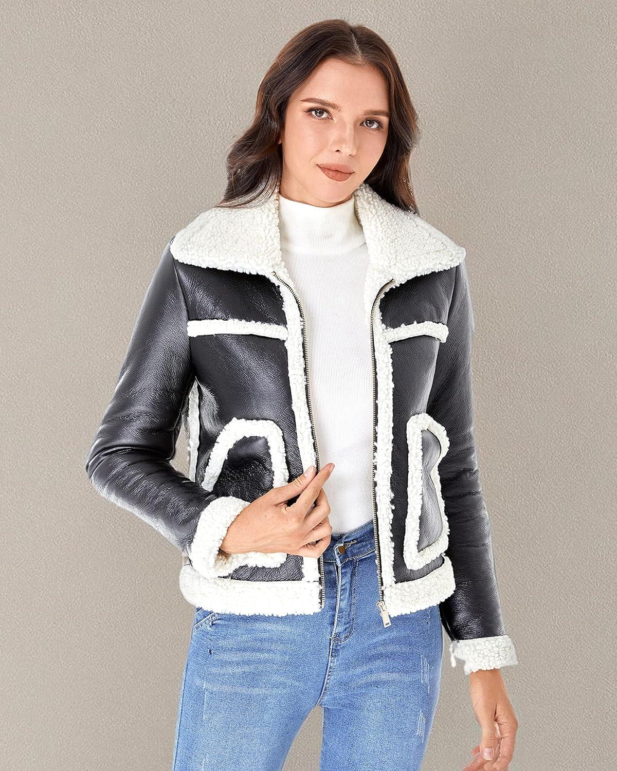 imageDIASHINY Womens Faux Shearing Fur Winter Coat Warm Thick Fur Lined Faux Leather Jacket038 Blackwhite