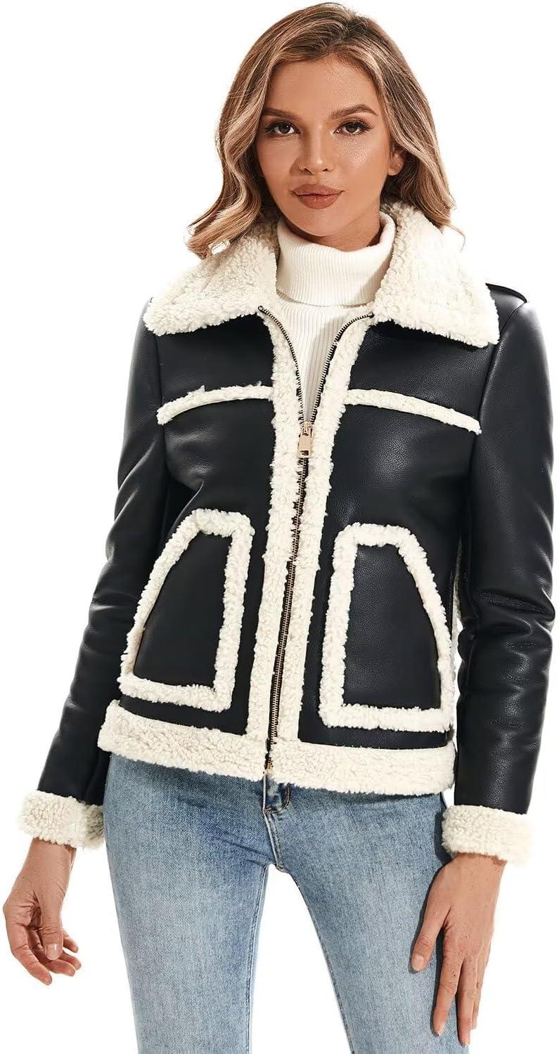 imageDIASHINY Womens Faux Shearing Fur Winter Coat Warm Thick Fur Lined Faux Leather Jacket038 Blackwhite