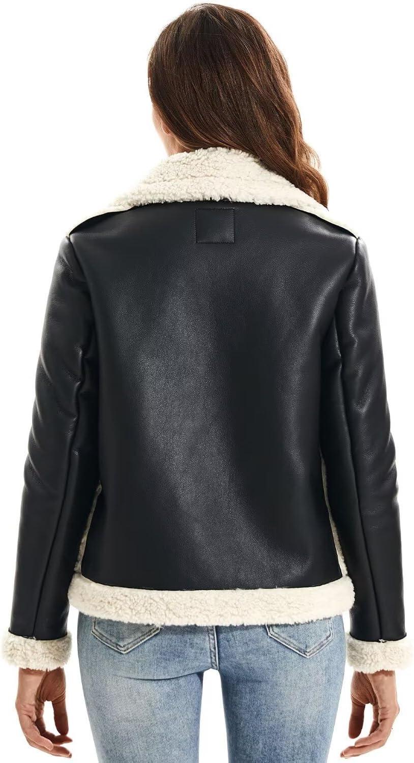 imageDIASHINY Womens Faux Shearing Fur Winter Coat Warm Thick Fur Lined Faux Leather Jacket038 Blackwhite
