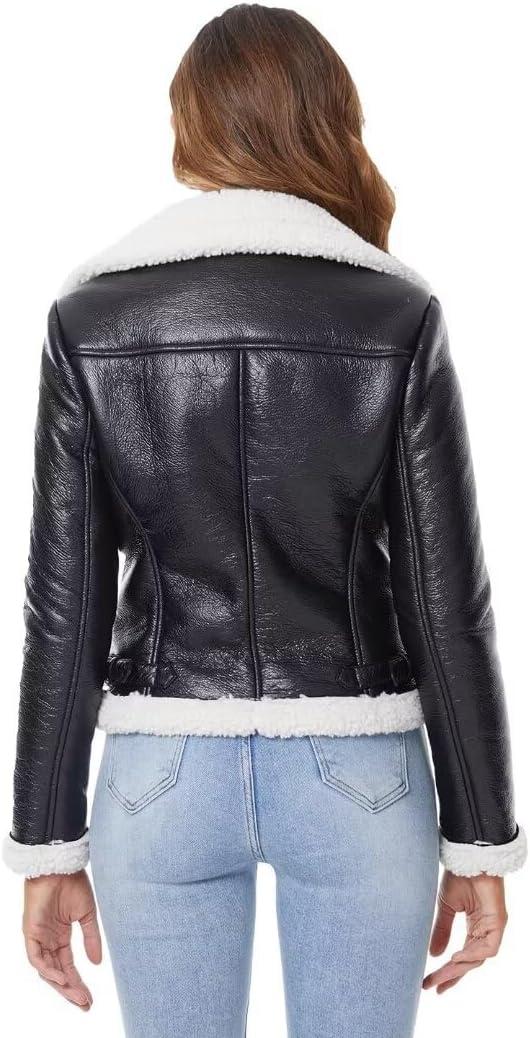 imageDIASHINY Womens Faux Shearing Fur Winter Coat Warm Thick Fur Lined Faux Leather Jacket039 Blackwhite
