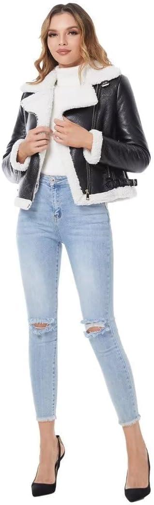 imageDIASHINY Womens Faux Shearing Fur Winter Coat Warm Thick Fur Lined Faux Leather Jacket039 Blackwhite