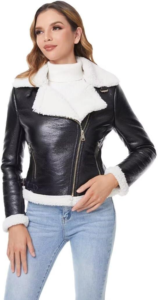 imageDIASHINY Womens Faux Shearing Fur Winter Coat Warm Thick Fur Lined Faux Leather Jacket039 Blackwhite
