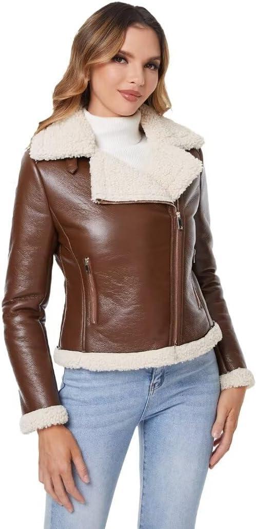 imageDIASHINY Womens Faux Shearing Fur Winter Coat Warm Thick Fur Lined Faux Leather Jacket039 Brown