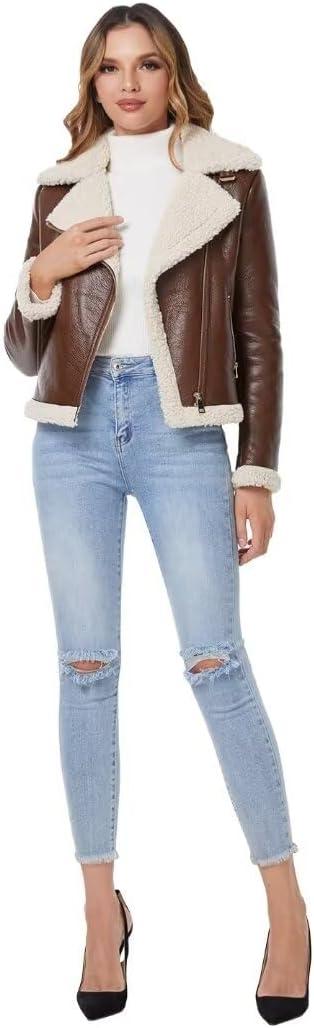 imageDIASHINY Womens Faux Shearing Fur Winter Coat Warm Thick Fur Lined Faux Leather Jacket039 Brown