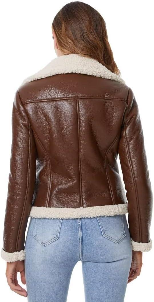 imageDIASHINY Womens Faux Shearing Fur Winter Coat Warm Thick Fur Lined Faux Leather Jacket039 Brown