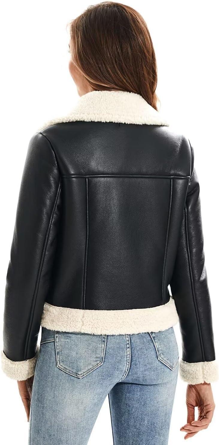 imageDIASHINY Womens Faux Shearing Fur Winter Coat Warm Thick Fur Lined Faux Leather Jacket104 Black White