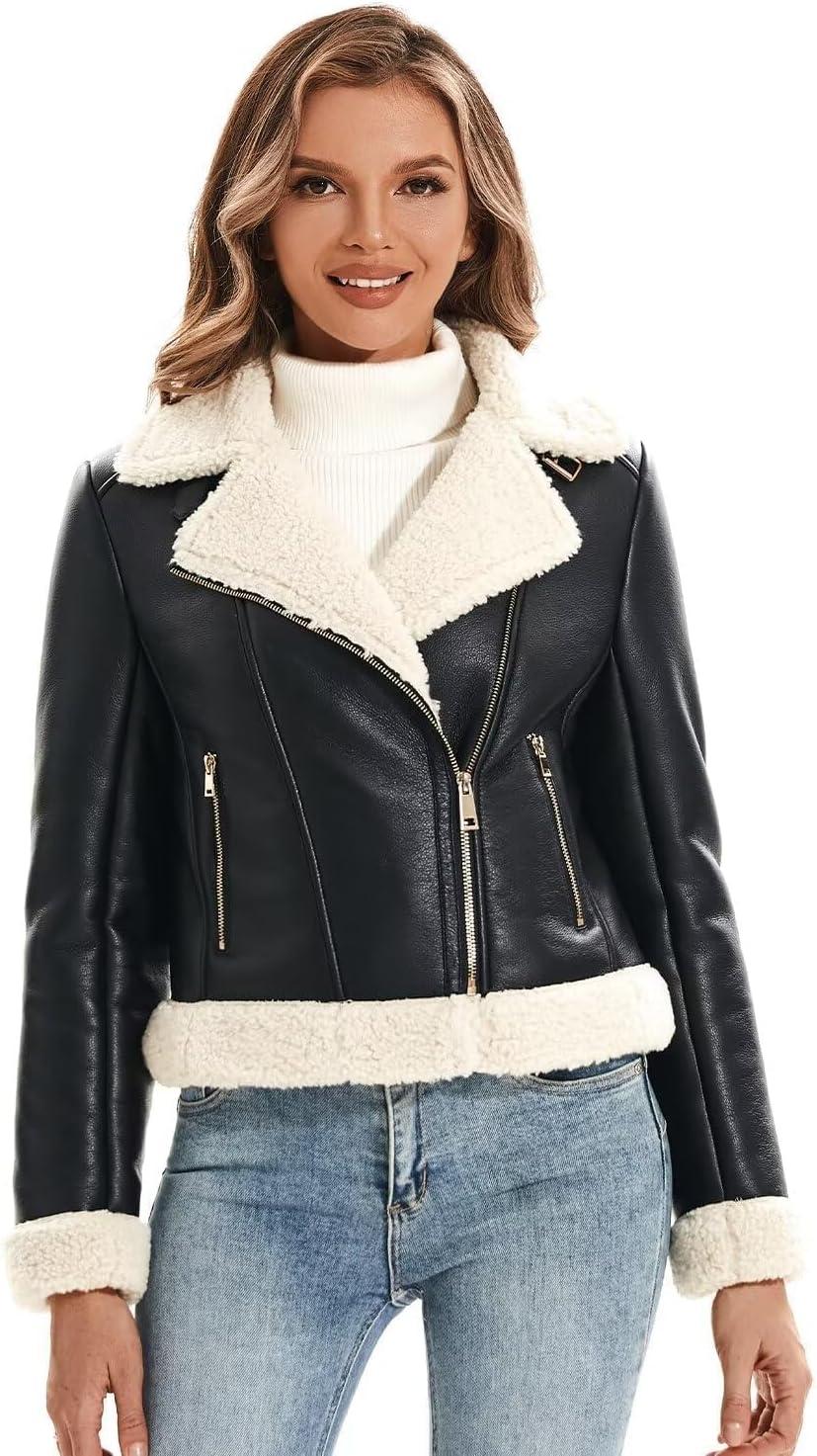 imageDIASHINY Womens Faux Shearing Fur Winter Coat Warm Thick Fur Lined Faux Leather Jacket104 Black White