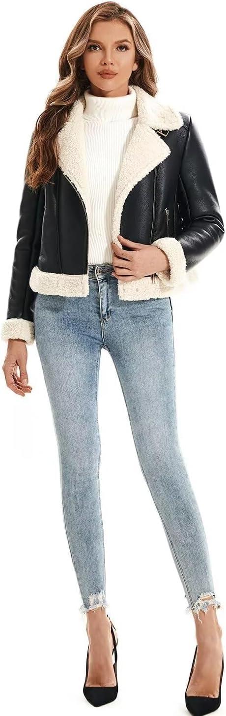 imageDIASHINY Womens Faux Shearing Fur Winter Coat Warm Thick Fur Lined Faux Leather Jacket104 Black White