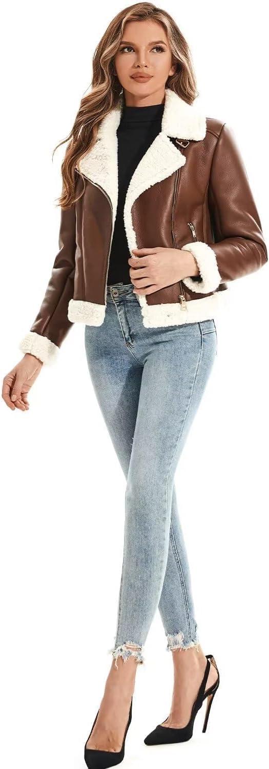 imageDIASHINY Womens Faux Shearing Fur Winter Coat Warm Thick Fur Lined Faux Leather Jacket104 Brown