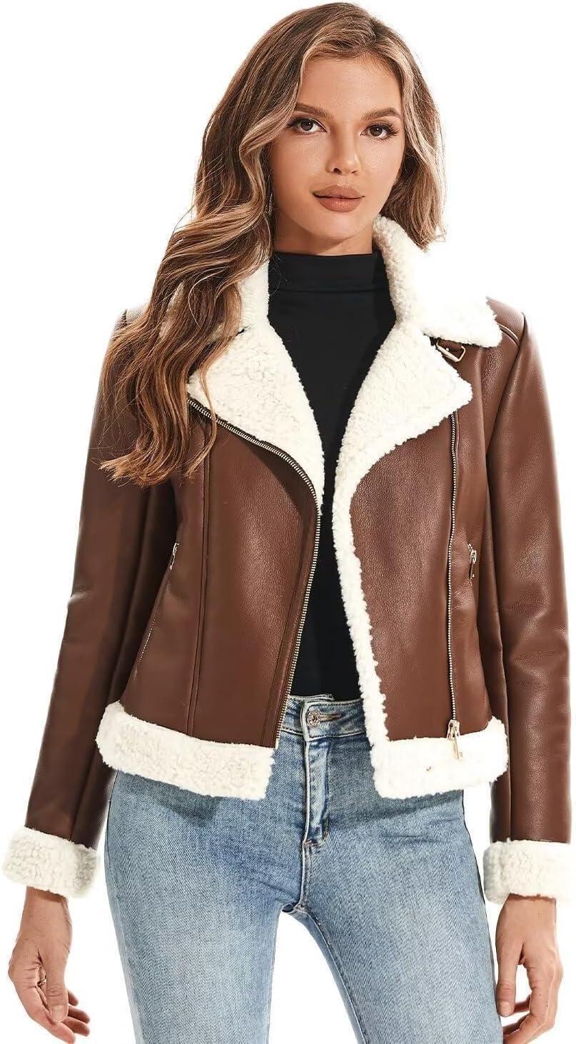 imageDIASHINY Womens Faux Shearing Fur Winter Coat Warm Thick Fur Lined Faux Leather Jacket104 Brown