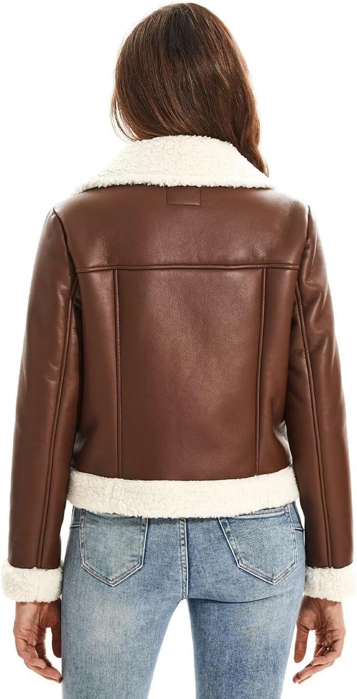 imageDIASHINY Womens Faux Shearing Fur Winter Coat Warm Thick Fur Lined Faux Leather Jacket104 Brown