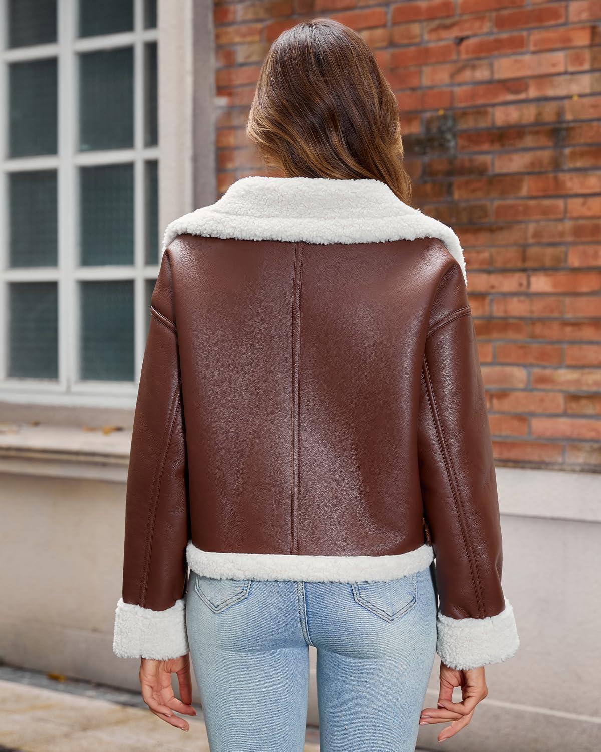 imageDIASHINY Womens Faux Shearing Fur Winter Coat Warm Thick Fur Lined Faux Leather Jacket139 Brown