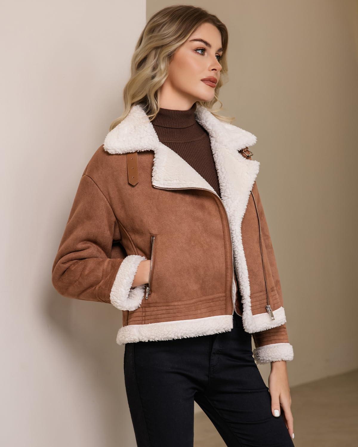 imageDIASHINY Womens Faux Shearing Fur Winter Coat Warm Thick Fur Lined Faux Leather Jacket141 Dark Brown
