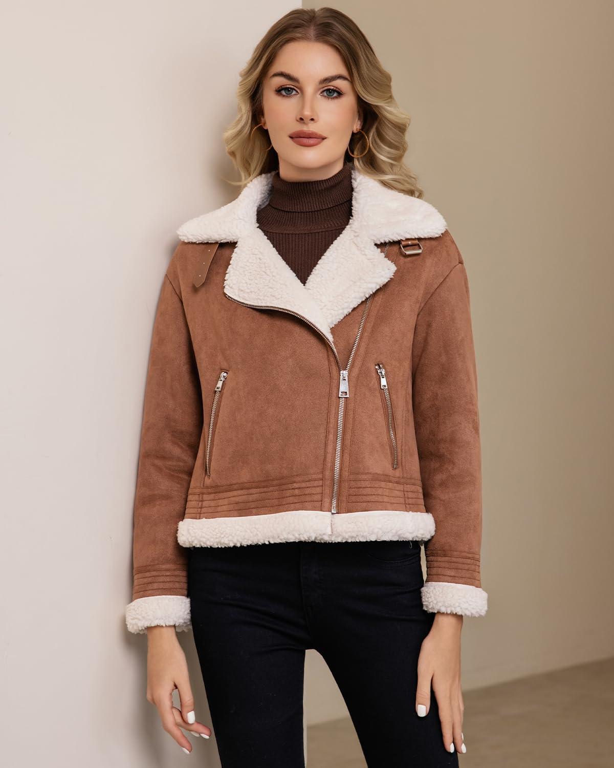 imageDIASHINY Womens Faux Shearing Fur Winter Coat Warm Thick Fur Lined Faux Leather Jacket141 Dark Brown